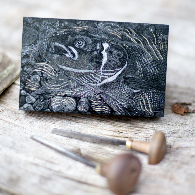 mounted original wood engraving art prints of River Tyne Salmon