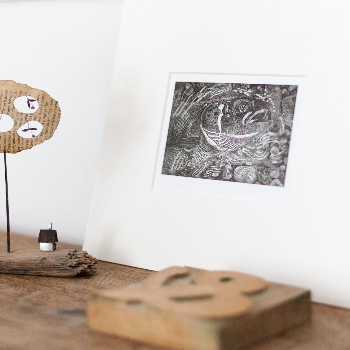 mounted original wood engraving art prints of River Tyne Salmon