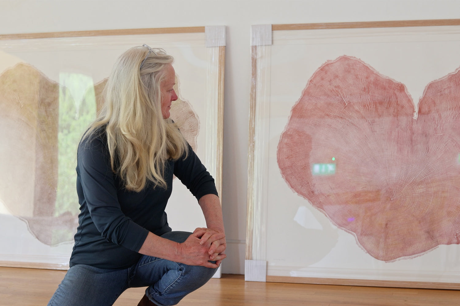 shona branigan looking at two of the sycamore gap tree prints